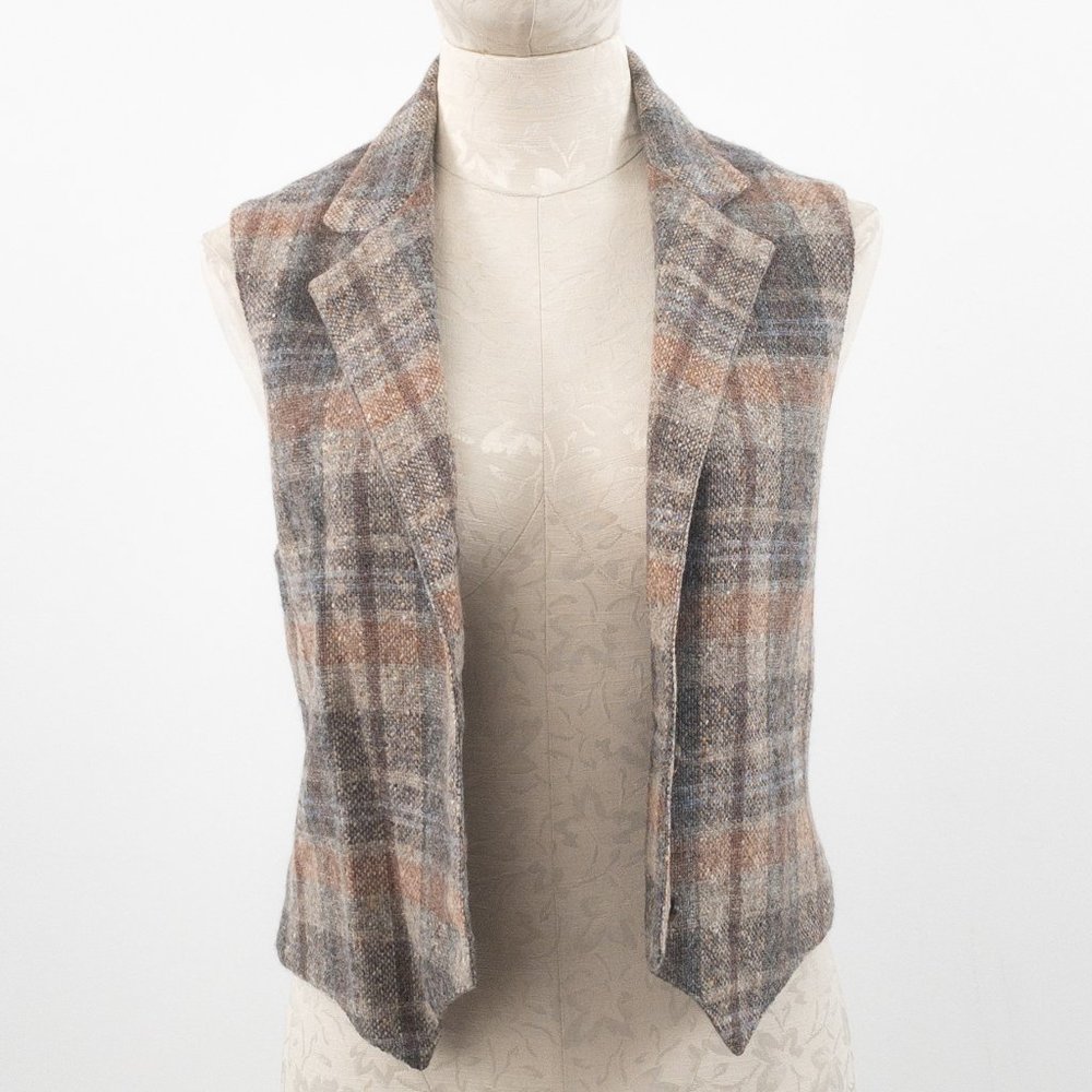 Vintage 70s S Tailored Wool Plaid Suit Vest Top - Picture 7 of 11